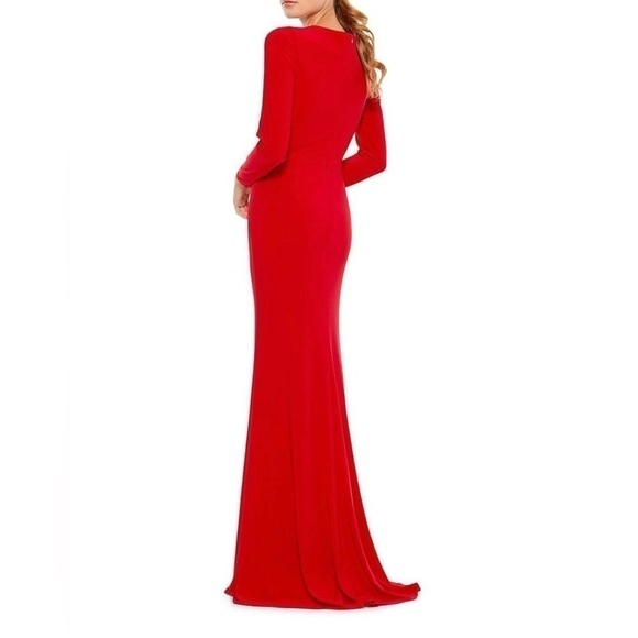 Nwt Ieena by Mac Duggal Gathered Pearl Long Sleeve  Keyhole Gown Dress in Red - Picture 3 of 12